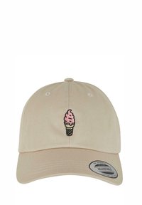 Beige baseball cap made of cotton, featuring a pink and black ice cream cone embroidered on the front. Includes an adjustable strap.