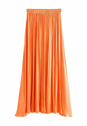 Long, orange skirt made of lightweight, flowing fabric with a gathered elastic waistband and vertical pleats for added texture.