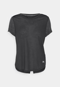 Svart atletisk kortärmad tröja i texturerat material, med rund halsringning, mesh-detaljer och en liten logga vid fållen.