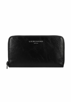 Portafoglio in pelle nera con finitura texture, dotato di chiusura a zip e di un'etichetta logo argento "LIEBESKIND BERLIN" sul fronte.