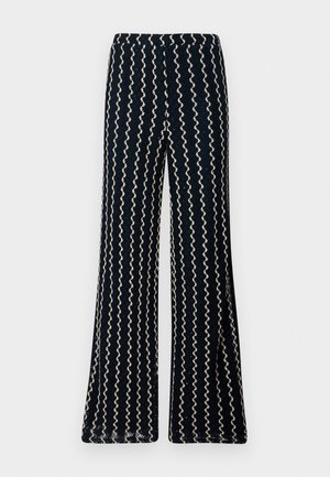 Jūras spēku zilo flared bikses ar teksturētu audumu, kurām ir viļņoti krēmkrāsas svītriņi, kas iet vertikāli, un ērts elastīgs josta.