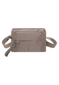 Borsa a tracolla in tessuto marrone con scomparto principale con zip e una tasca frontale più piccola. Dotata di tracolla regolabile e materiale testurizzato.