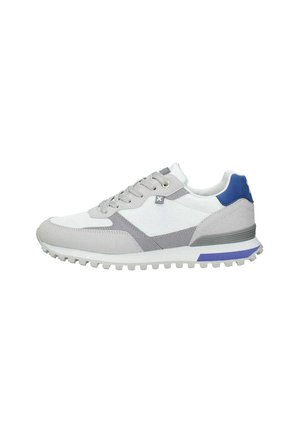 Scarpe da corsa con tomaia in tessuto bianco e dettagli in suede grigio, tallone viola e suola in gomma texturizzata con tasselli per la trazione.