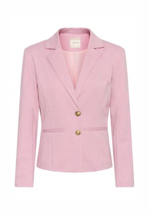 Roze blazer met een gestructureerd ontwerp, revers met inkeping en dubbele gouden knopen. Voorzien van twee voorzakken en getailleerde, lange mouwen.