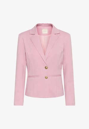 Blazer rose avec un design structuré, des revers crantés et deux boutons dorés doubles. Comprend deux poches avant et des manches longues ajustées.