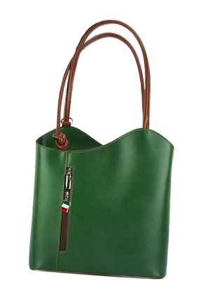 Grüne Leder-Tragetasche mit gewelltem oberen Rand, braunen Griffen und einer externen Reißverschlusstasche, die ein kleines Detail der italienischen Flagge aufweist.