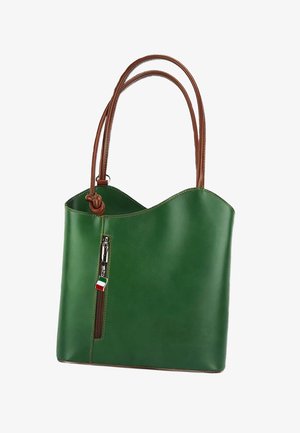 Sac fourre-tout en cuir vert avec un haut festonné, des poignées marron et une poche zippée extérieure ornée d'un petit détail de drapeau italien.