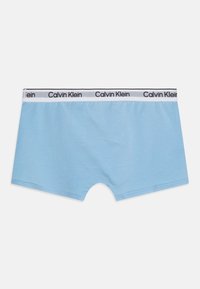 Svijetloplavi bokserice s mekanom teksturom i elastičnom gumom u struku, s crnim brendiranjem "Calvin Klein". Duljina do sredine bedara s klasičnim oblikom.