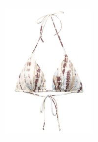 Trojúhelníkový bikiny top vyrobený z měkkého materiálu, s batikovaným vzorem v světlé béžové, hnědé a modré barvě, s tenkými nastavitelnými ramínky.
