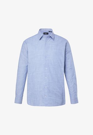 Camicia azzurro chiaro con bottoni, righe verticali bianche, maniche lunghe, collo standard e vestibilità regolare. Realizzata in tessuto di cotone.