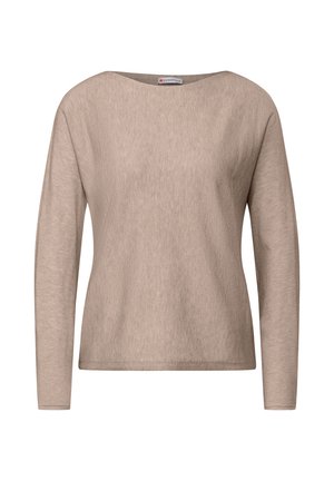 Beige Langarmoberteil mit rundem Halsausschnitt, aus strukturiertem Stoff gefertigt, mit lockerer Passform und minimalistischem Design ohne Verzierungen.