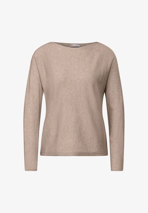Beige langslibbend shirt met een ronde halslijn, gemaakt van textuurstof, met een losse pasvorm en een minimalistisch ontwerp zonder versieringen.