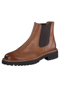 Bottes Chelsea en cuir marron avec panneau latéral élastique noir, détails en brogue, semelle cousue et semelle en caoutchouc noir épaisse.
