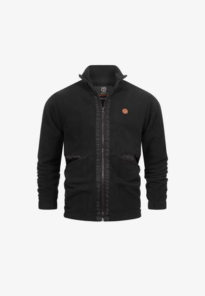 Black fleece jacket with zip closure, ribbed collar, and two front pockets featuring contrasting black nylon accents. Iconic logo on chest.