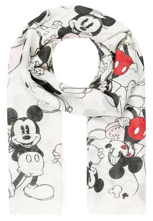Écharpe blanche présentant des illustrations répétées en noir et blanc de Mickey Mouse avec des accents de shorts rouges, arrangées en diverses poses.