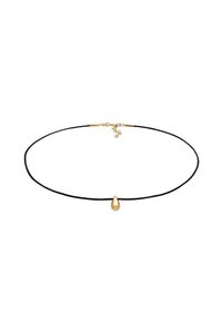 Sort snor choker med en gulddråbeformet vedhæng, der har en glat overflade og et minimalistisk design. Inkluderer en metalspænde og forlængelse.