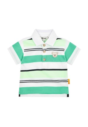 Grün-weiß gestreiftes Poloshirt mit kurzen Ärmeln, zwei Knöpfen und einem Bärenlogo auf der Brust. Aus Baumwolle mit einer weichen Textur.