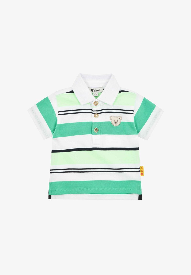 Groen en wit gestreepte polo met korte mouwen, twee knopen en een berenlogo-applicatie op de borst. Katoenen materiaal met een zachte textuur.