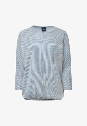 Valkoinen ja vaaleansininen raidallinen paita, jossa on V-pääntie, 3/4-hihat ja kootut helmat, valmistettu pehmeästä, teksturoidusta kankaasta.