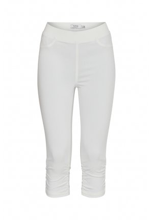 Weiße, kurze Leggings mit elastischem Bund, vorderen Taschen und gerafften Details an den Waden.