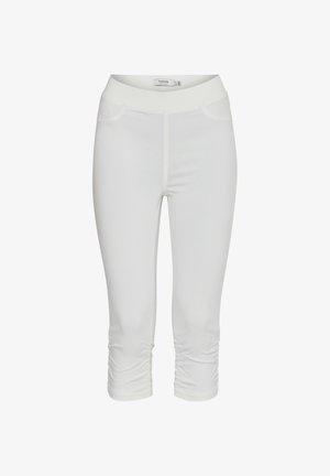 Weiße, kurze Leggings mit elastischem Bund, vorderen Taschen und gerafften Details an den Waden.