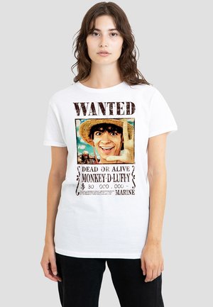 White cotton T-shirt featuring "WANTED" text and an illustration of a character with a straw hat. Print includes details like a bounty and title.