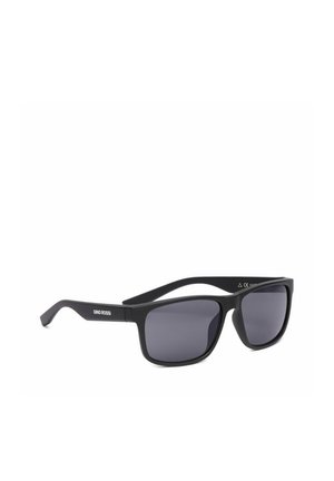 Schwarze rechteckige Sonnenbrille mit dunklen Gläsern und "GINO ROSSI" Schriftzug am Bügel, vor weißem Hintergrund.