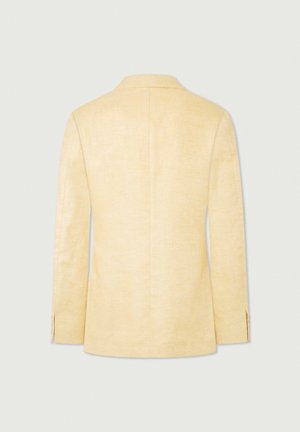 Blazer en lin jaune clair avec un design structuré, coupe ajustée, col en V et dos fendu. Il possède des manches longues et des détails minimalistes.