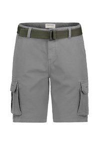 Graue Cargo-Shorts aus strukturiertem Stoff, mit zwei Seitentaschen, einem gewebten grünen Gürtel und einem entspannten Schnitt.