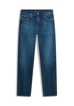 Blaue Jeans mit geradem Bein, klassischem Fünf-Taschen-Design und leichter Verwaschung an den vorderen Oberschenkeln, mit Knopf- und Reißverschluss.