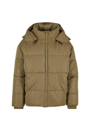 Oliivroheline polsterdatud jakk kõrge kraega, esiosa lukuga ja nupukinnitustega. Sile tekstuur horisontaalsete tikitud paneelidega.