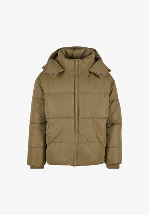 Oliivroheline polsterdatud jakk kõrge kraega, esiosa lukuga ja nupukinnitustega. Sile tekstuur horisontaalsete tikitud paneelidega.