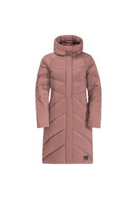 Długa, fioletowa, ocieplana zimowa kurtka z wysokim kołnierzem, pełnym zamkiem z przodu i bocznymi kieszeniami, zaprojektowana na chłodne warunki.