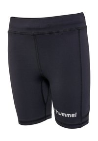 Sorte atletiske shorts lavet af strækbart materiale med flade sømme. Har et Hummel-logo i hvidt nederst til venstre.