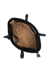 Sac fourre-tout noir avec une texture douce, présentant une doublure intérieure en tan avec un motif de logo répétitif et une poche zippée.
