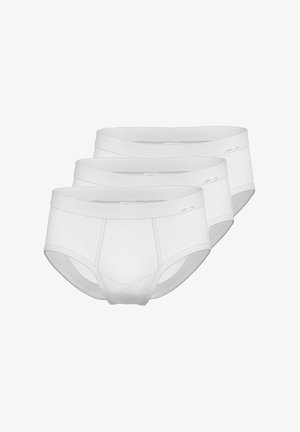 Drei Stück weiße Baumwollslips mit einer glatten Textur, elastischem Bund und subtilen Nähten. Klassisches Design, ohne Muster.