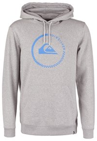 Sweat à capuche gris clair avec poche avant, capuche ajustable à cordon, et logo circulaire bleu Quiksilver sur la poitrine.