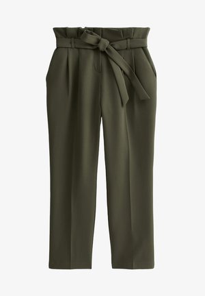 Pantaloni verde oliva con vita alta, design con cintura, frontale plissettato e due tasche laterali; tessuto liscio con una vestibilità sartoriale.
