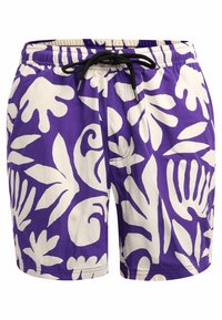 Shorts de bain violets avec des motifs de feuilles tropicales blanches et un cordon noir à la taille élastique.