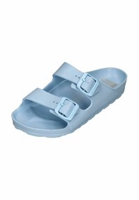 Light blue slide sandal made of soft, textured material with two adjustable buckles and an open-toe design. Features a ridged sole for traction.