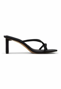 Black high-heeled sandals with a slim design, featuring crisscross straps and a smooth matte finish. The heel is solid and cylindrical.