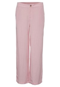 Svetle růžové kalhoty se širokými nohavicemi vyrobené z měkké, strukturované tkaniny. Mají zapínání na knoflík, čisté linie a boční kapsy.