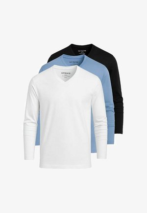 Set van drie lange mouwen V-hals T-shirts in wit, blauw en zwart. Gemaakt van zachte stof met een gladde textuur en geen zichtbare patronen.