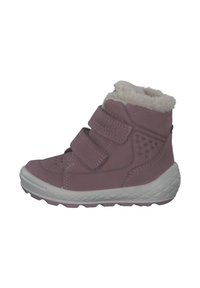 Stivali alla caviglia di colore rosa chiaro con tomaia in materiale sintetico, morbida fodera in pelliccia, due cinturini in Velcro, suola bianca texturizzata e piccoli fori di ventilazione sui lati.