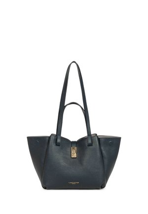 Czarna skórzana torebka Lancaster z dwoma długimi uchwytami, zapięciem na złoty zatrzask oraz złotym logo z przodu.