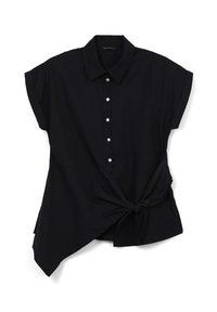 Camicia nera con colletto, maniche corte, chiusura con bottoni sul davanti e dettaglio di nodo annodato all'orlo, caratterizzata da una texture del tessuto liscia.
