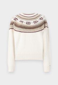 Lysefarvet strikket sweater med ribbet tekstur, med et mønstret bærestykke i brune nuancer og beige. Korte længde med lange ærmer.