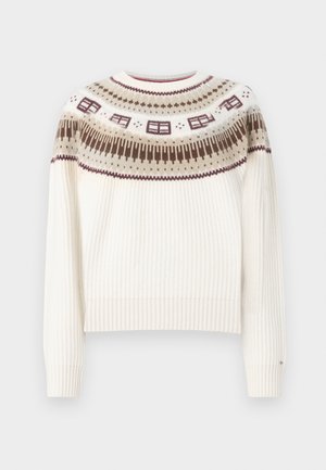 Light-colored knitted sweater with ribbed texture, featuring a patterned yoke in browns and beige. Cropped length with long sleeves.