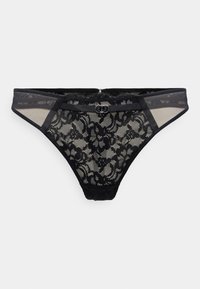 Thong din dantelă neagră cu model floral, cu părți laterale din plasă transparentă și un detaliu central cu inel argintiu. Material moale cu talie elastică pentru confort.