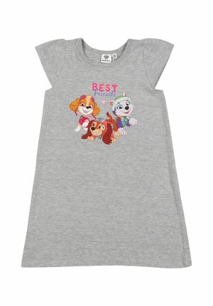 Vestito grigio per bambini con maniche corte, raffigurante tre cuccioli animati e il testo "Migliori Amici" con un cuore rosa.
